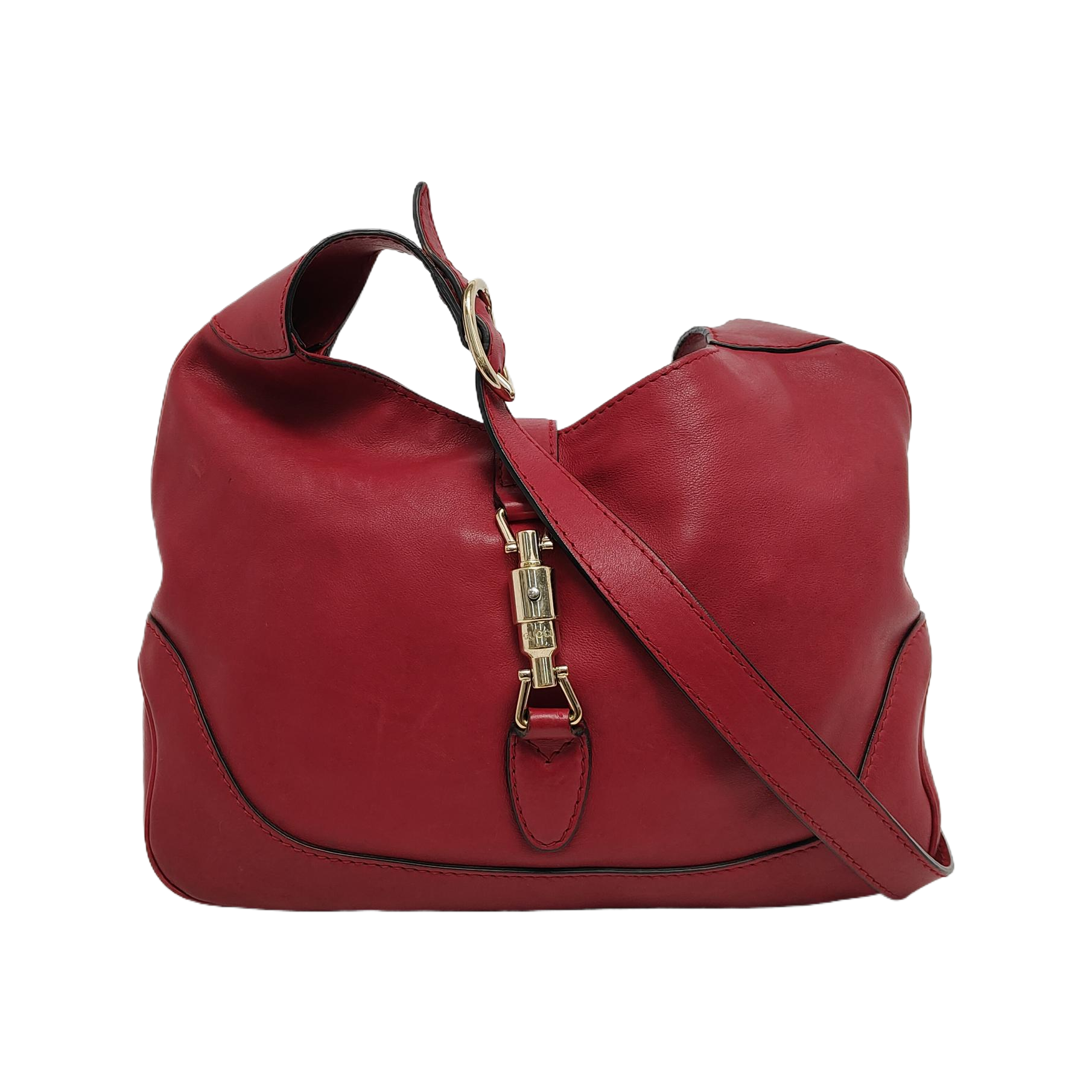 Gucci Jackie Soft Burgundy Piston Lock Leather Red Gold Medium Travel Bag