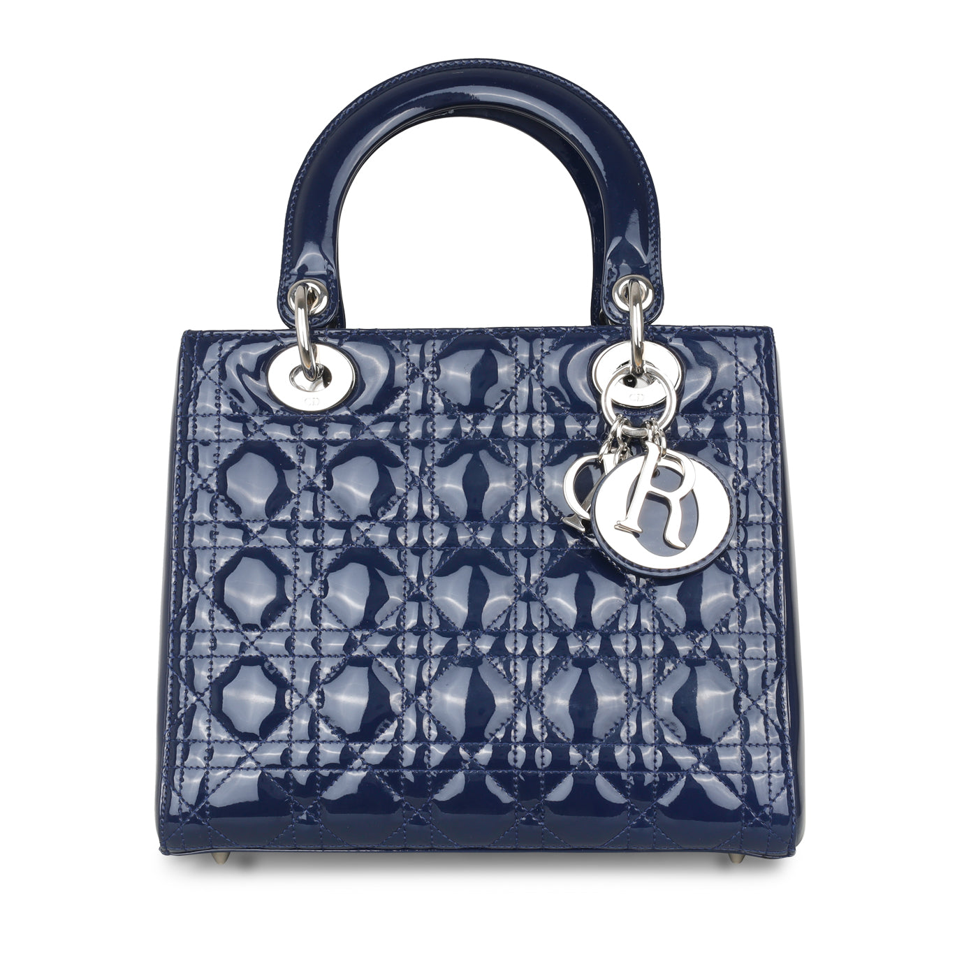 Dior Christian Lady Shoulder Bag Patent Medium Patent Navy Ghw