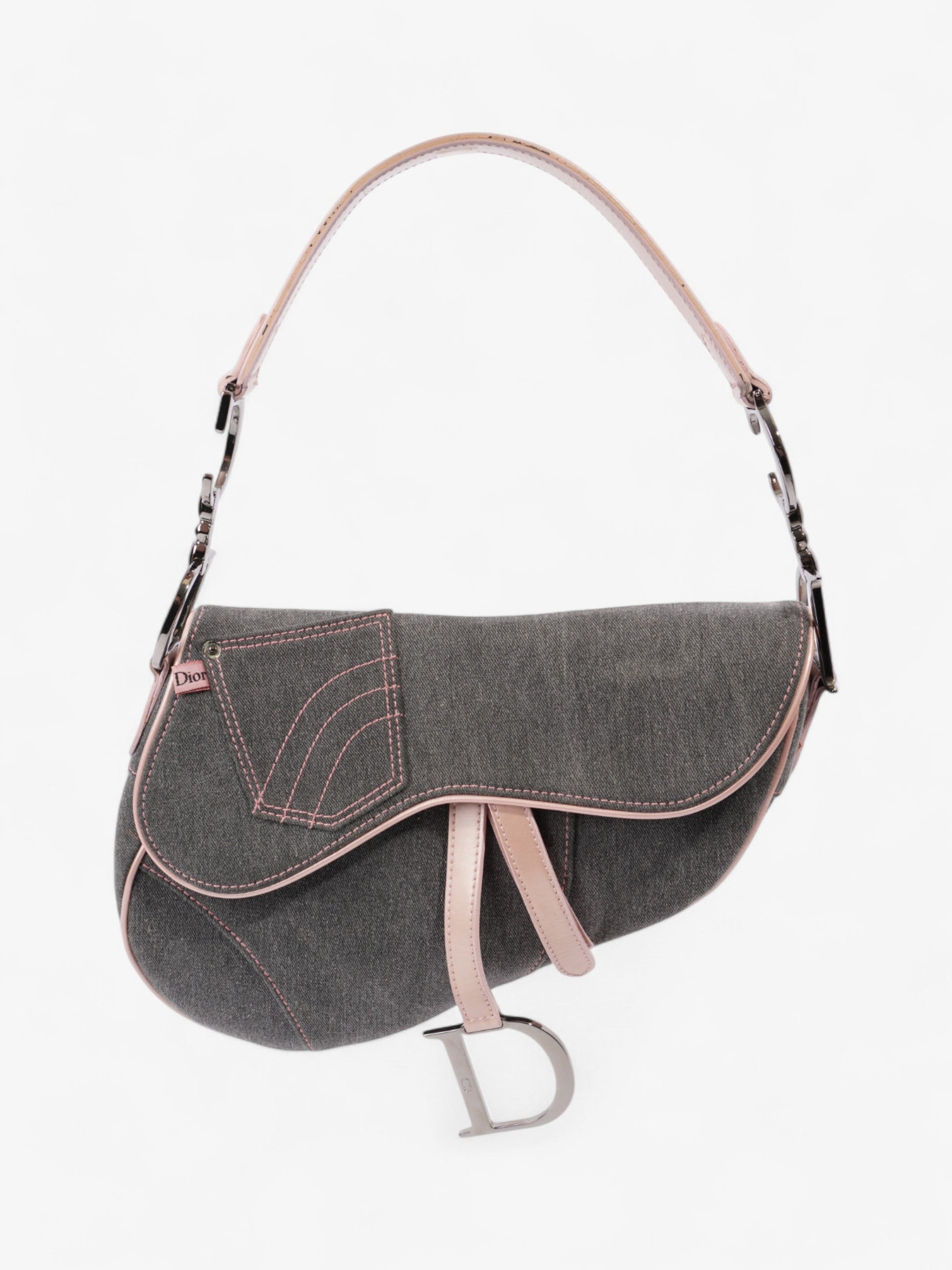 Dior Christian Saddle Bag Grey Light Denim Pink Gray Shoulder Bag