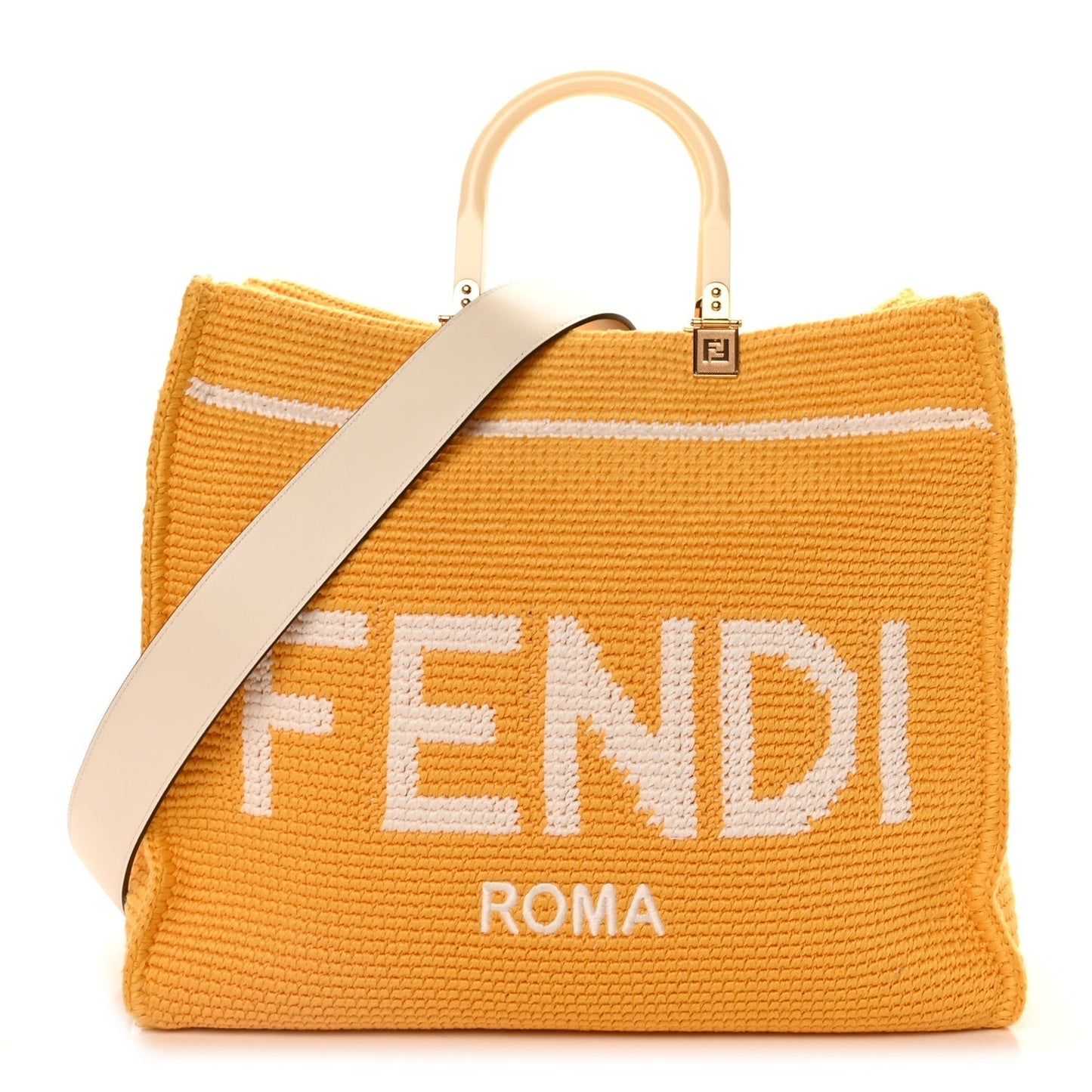 Fendi Handbag Crochet King Logo Plexiglass Sunshine Shopper Tote Leather Vitello White Shoulder Bag