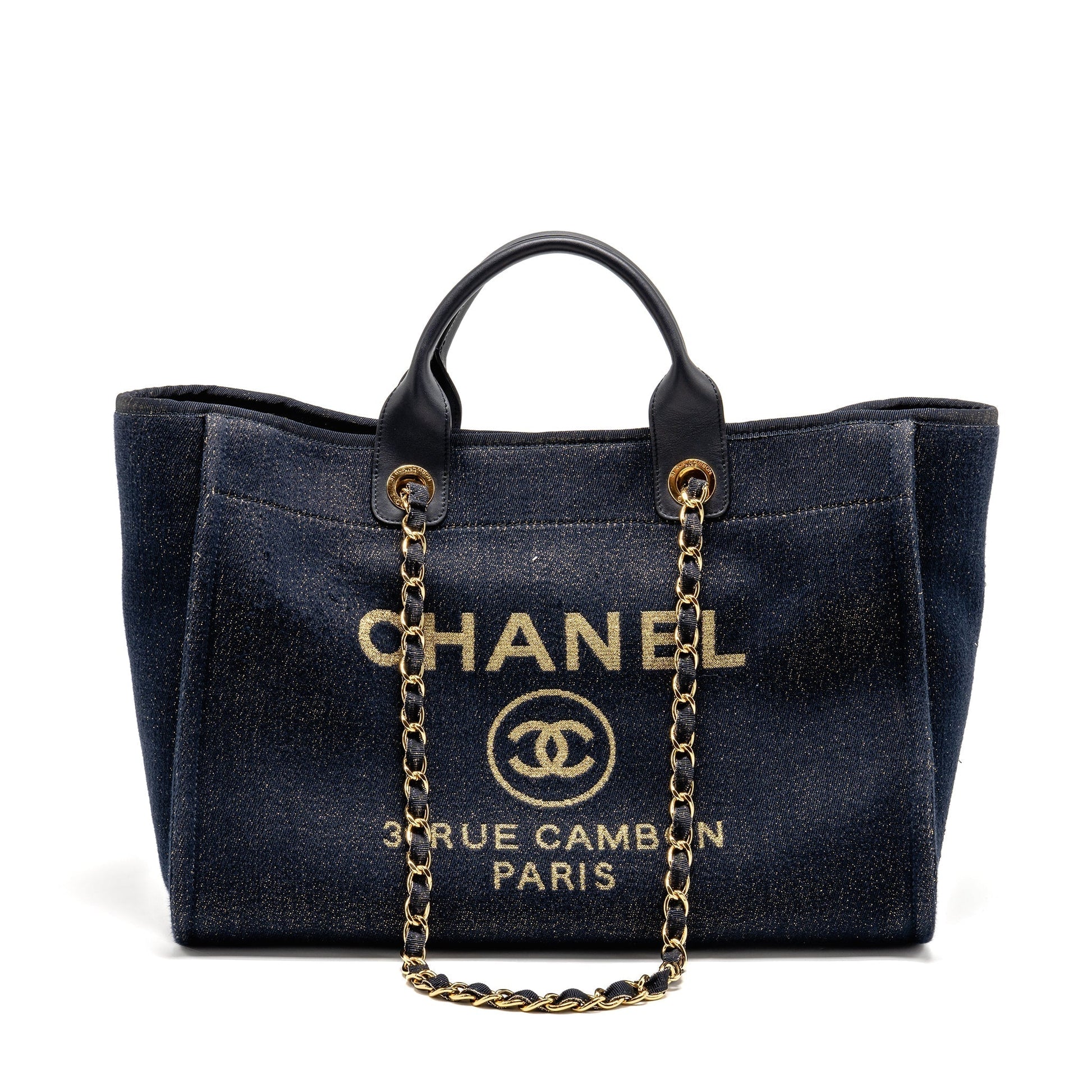 Chanel Deauville Shopping Denim Navy GHW Blue Gold Leather Tote Bag