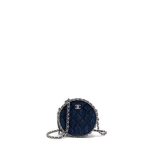 Chanel CC Quilted Round Denim Dark SHW Black Blue Clutch Bag