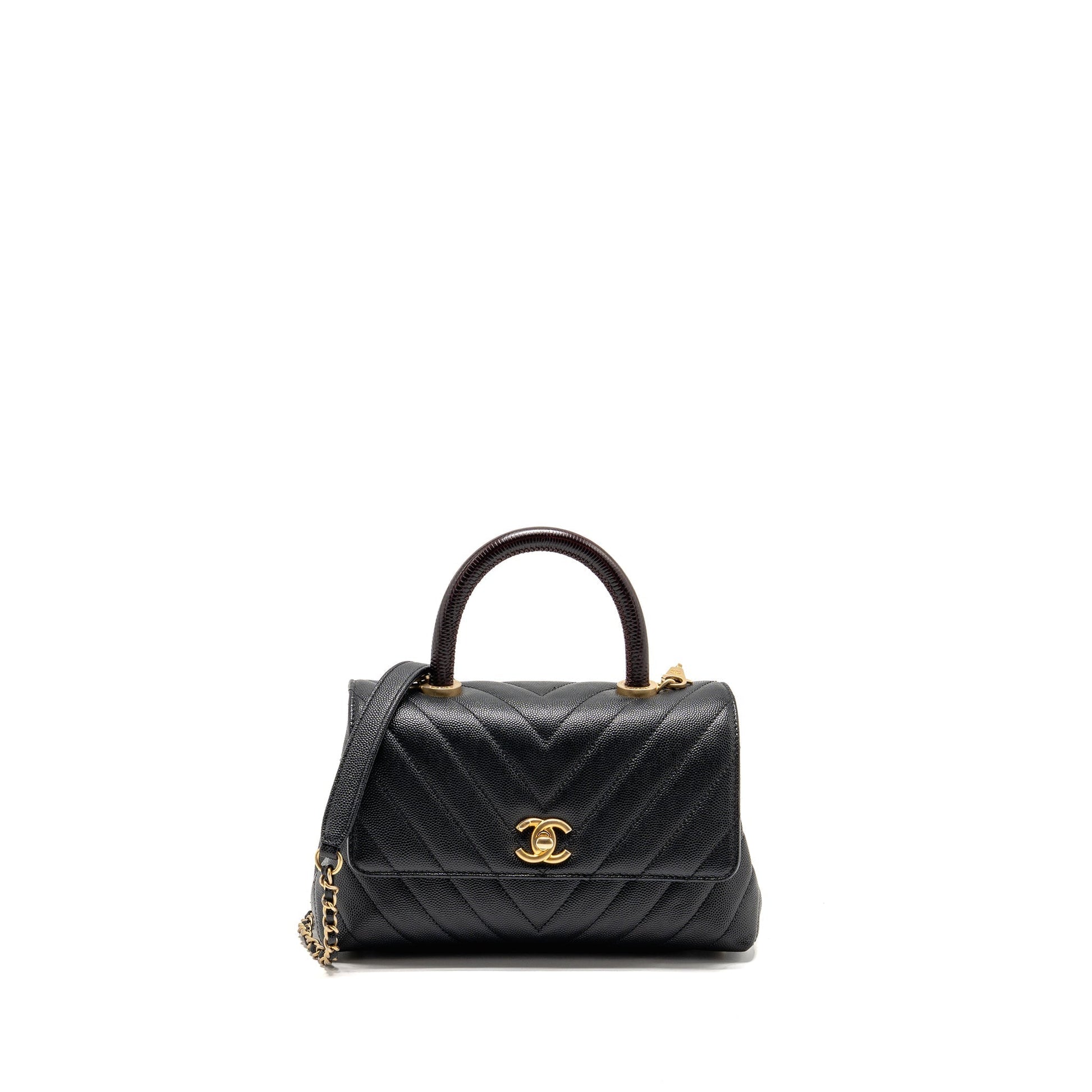 Chanel coco handle lizard embossed handle chevron Black Small Handbag