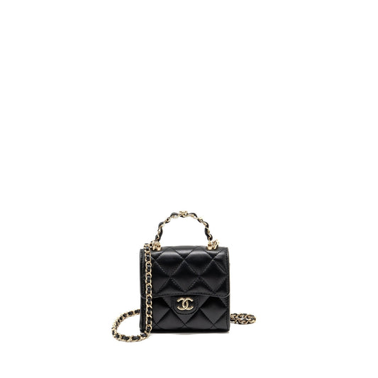 Chanel Detailed Top Handle Lambskin LGHW Microchip Black Clutch Bag