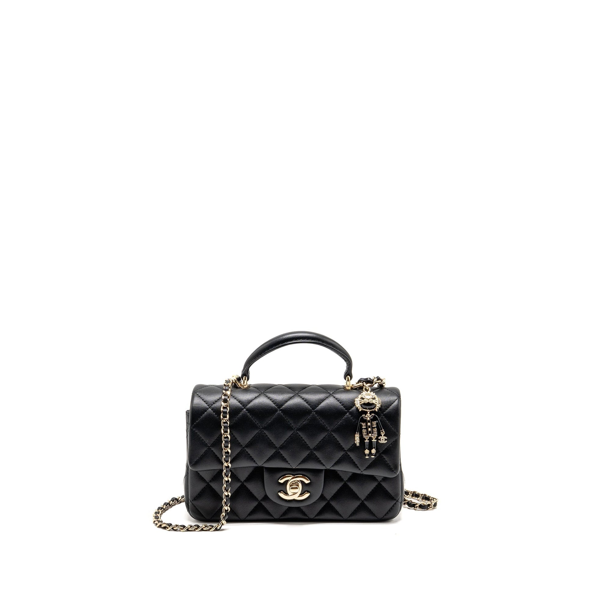 Chanel Top Handle Rectangular Detailed Charm Lambskin Black Key Chain