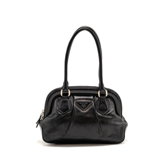 Prada Top Handle Dangle Purse Handbag Leather Black Travel Bag