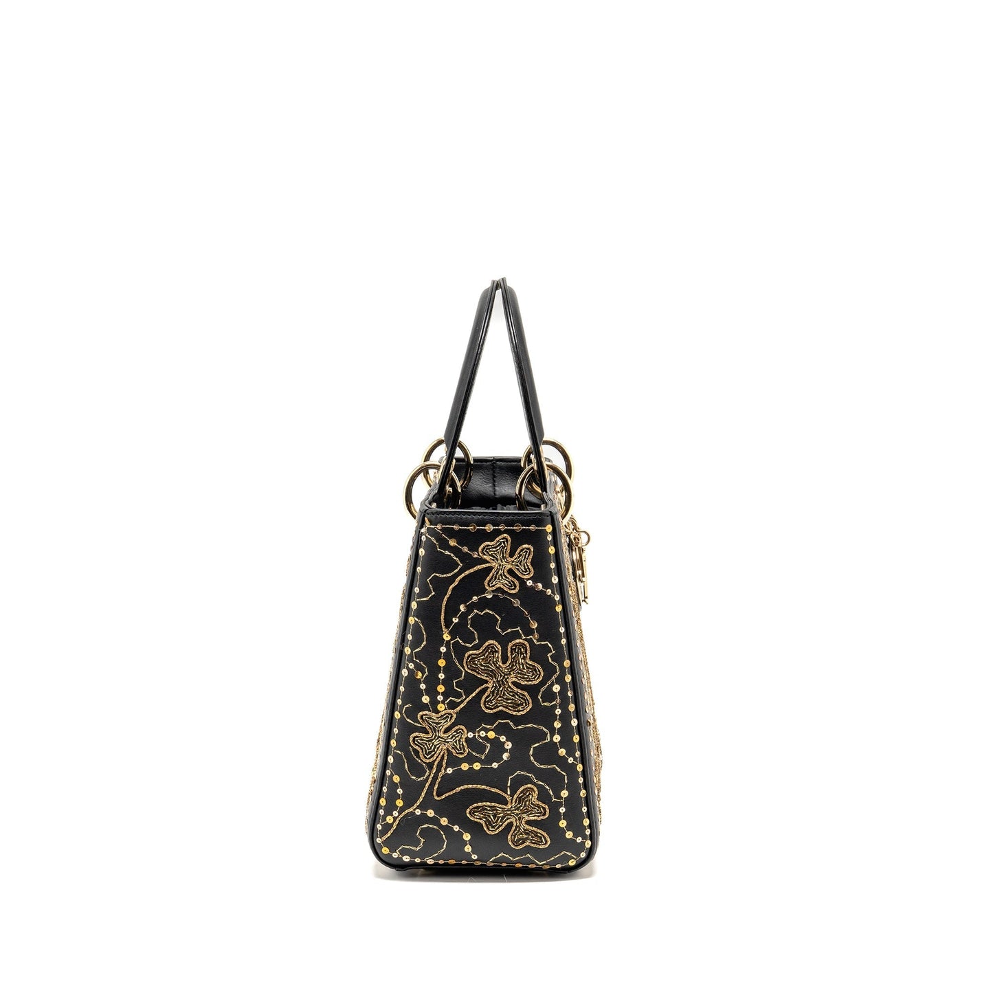 Dior Medium Lady Embroidered Floral Limited Edition Gold Leather Black Travel Bag