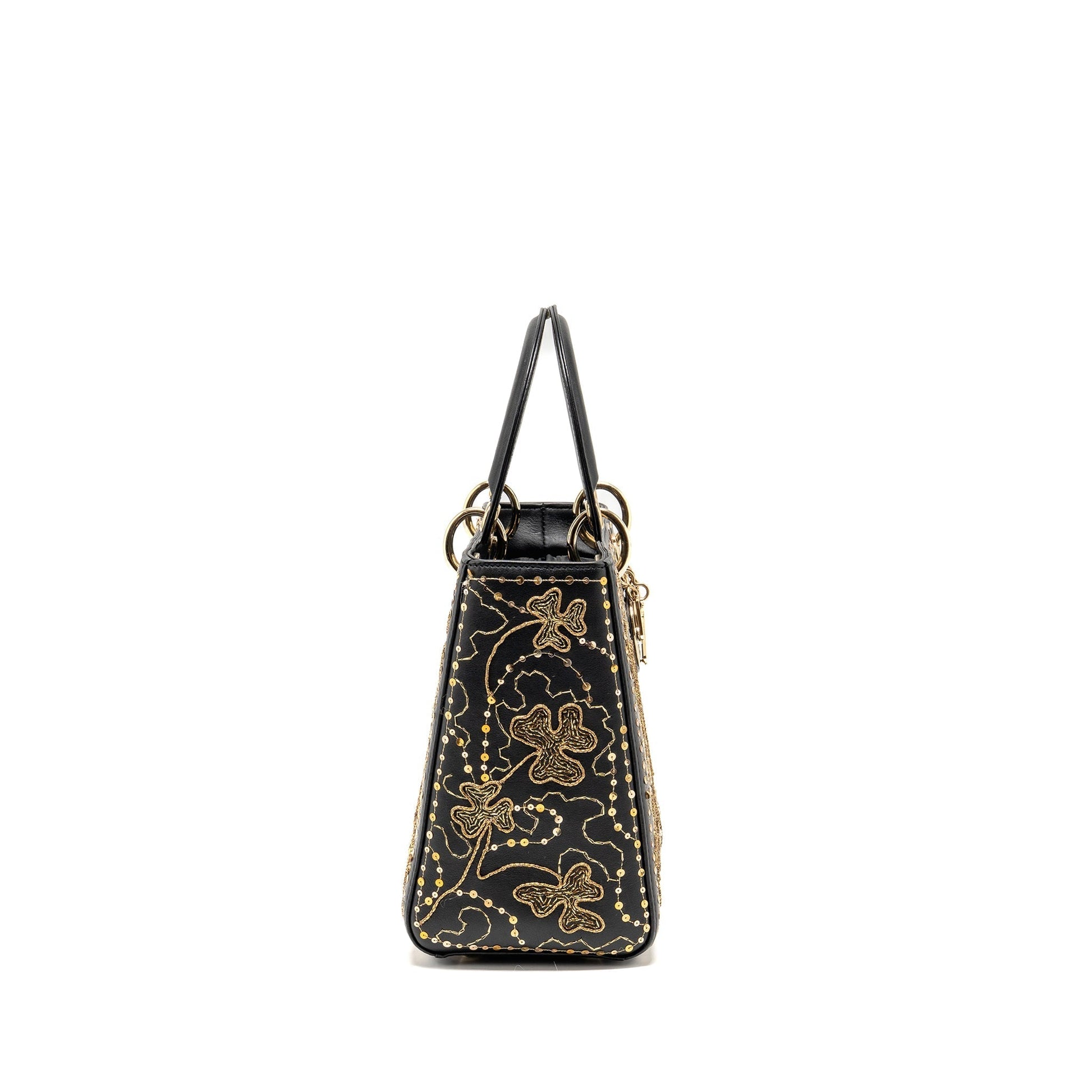 Dior Medium Lady Embroidered Floral Limited Edition Gold Leather Black Travel Bag