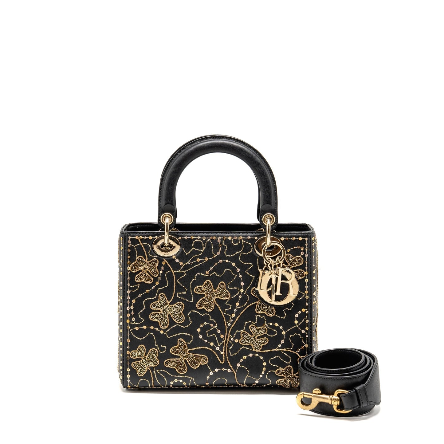 Dior Medium Lady Embroidered Floral Limited Edition Gold Leather Black Travel Bag
