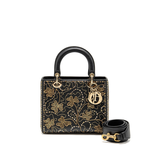 Dior Medium Lady Embroidered Floral Limited Edition Gold Leather Black Travel Bag
