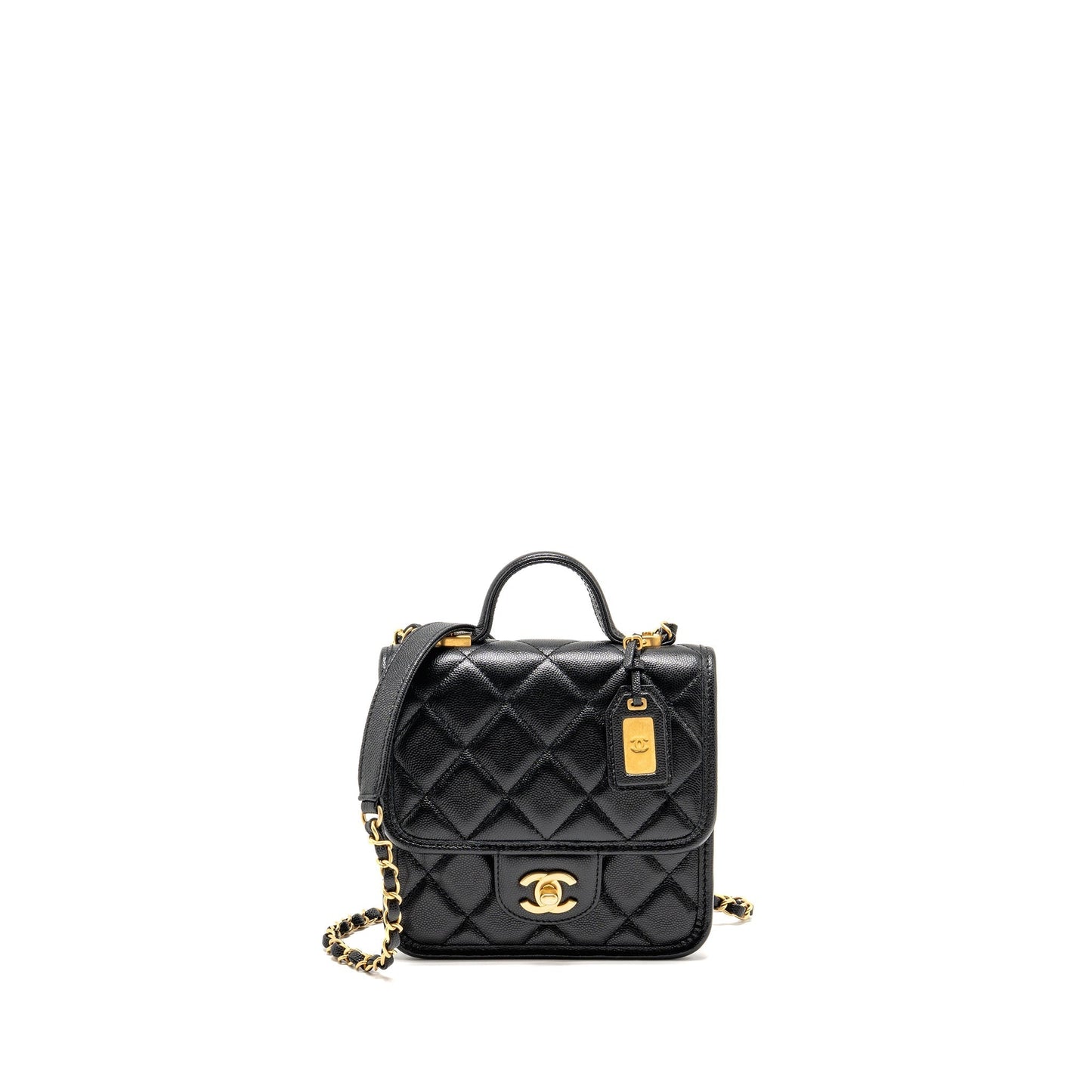 Chanel 22K Flap Top Handle Shiny Grained Black Shoulder Bag
