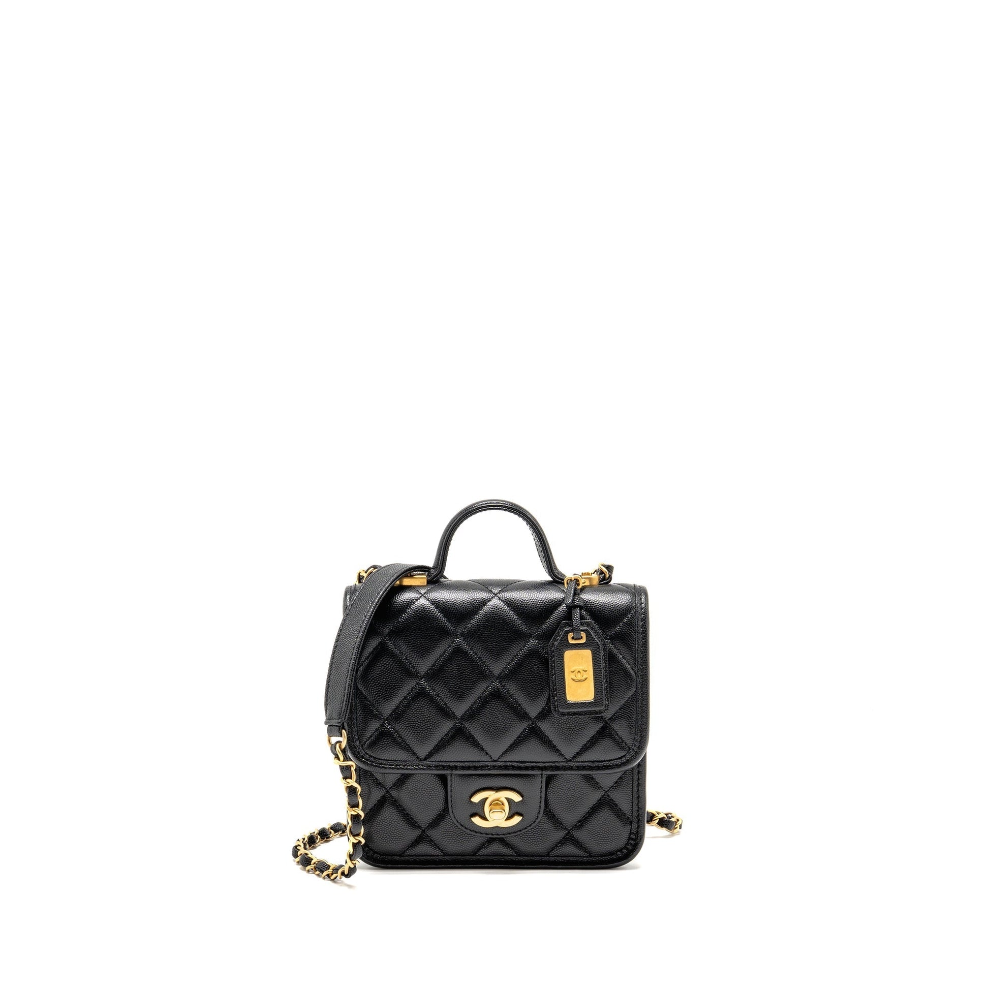 Chanel 22K Flap Top Handle Shiny Grained Black Shoulder Bag