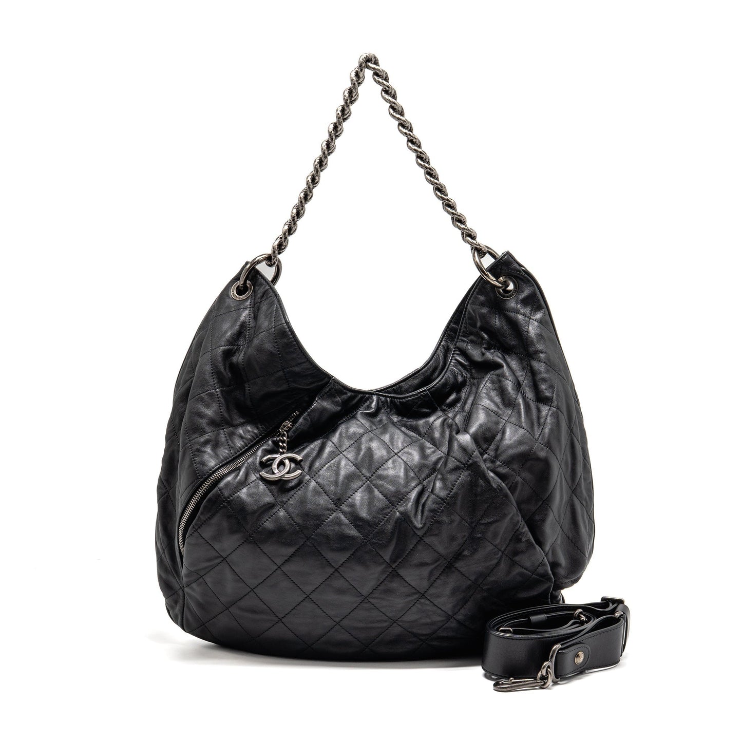 Chanel Coco Pleats Hobo Calfskin Ruthenium Hardware Black Shoulder Bag