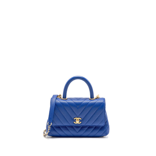 Chanel Coco Handle Chevron Caviar GHW Blue Small Handbag