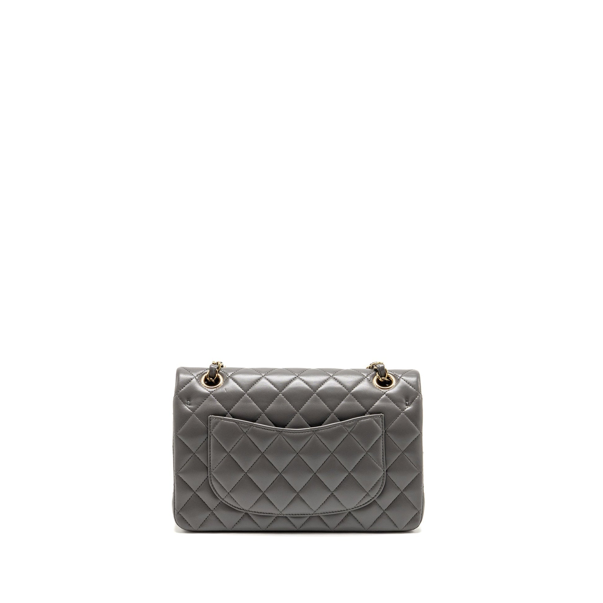 Chanel Classic Double Flap Lambskin LGHW Microchip Grey Small Shoulder Bag
