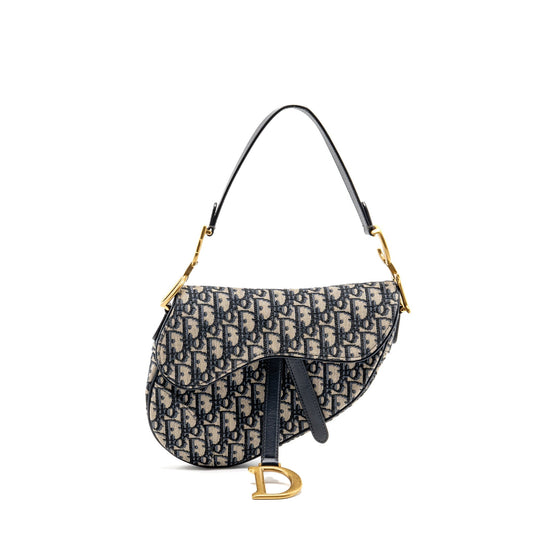 Dior Saddle Purse Oblique Calfskin Handbag Canvas Blue Travel Bag