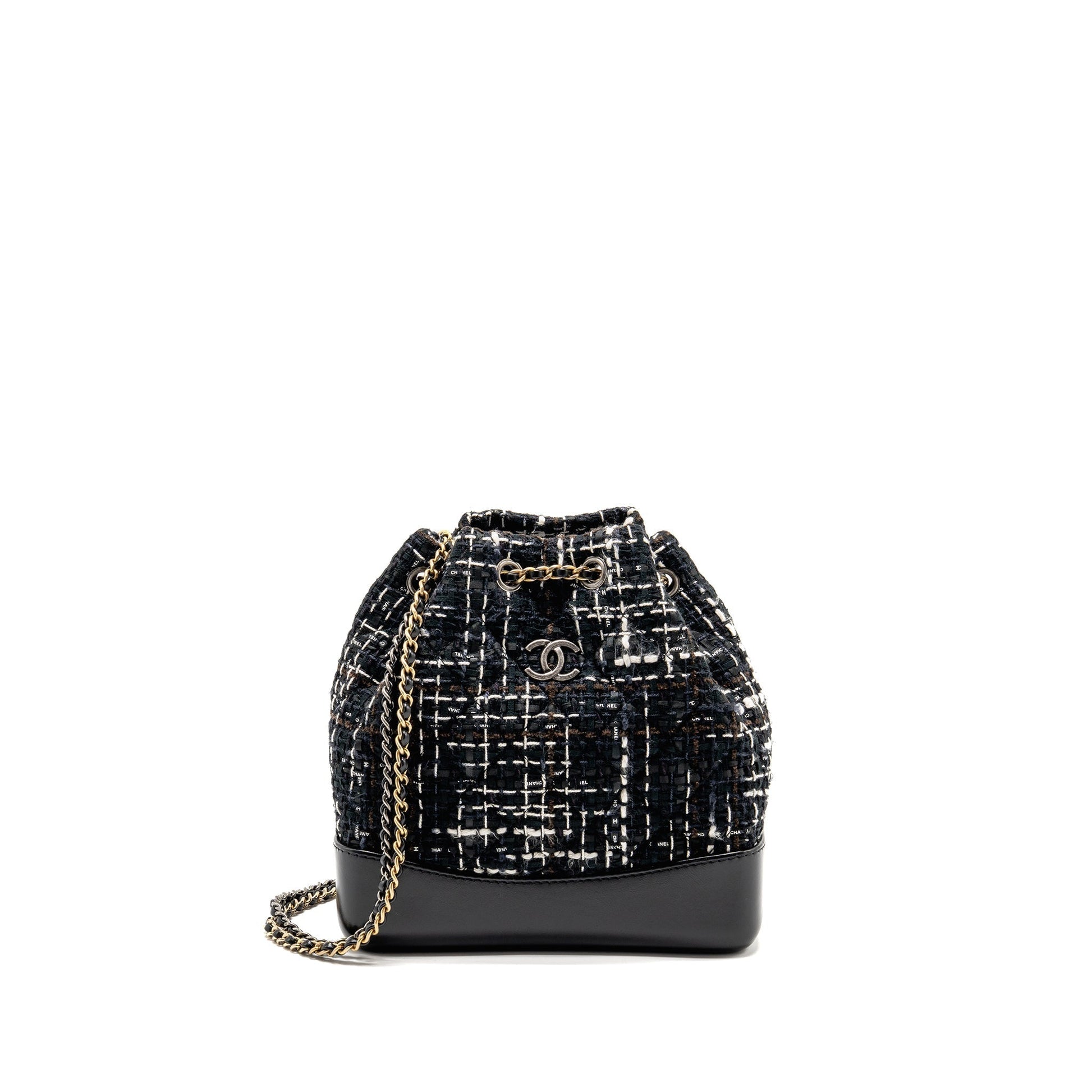 Chanel Gabrielle Tweed Backpack Hardware Multicolour Black White Brown Small