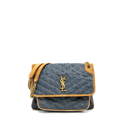 YSL Saint Laurent Niki Purse Shoulder Bag Denim Blue