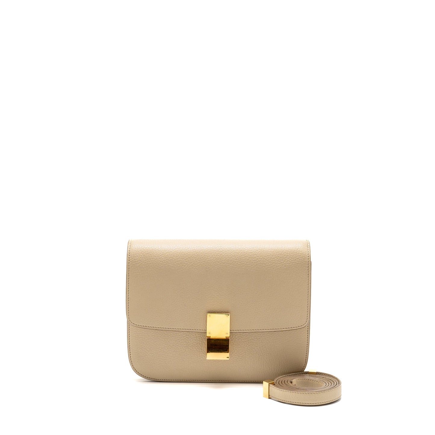 Celine Classic Box Purse Goatskin Handbag Beige Medium Travel Bag