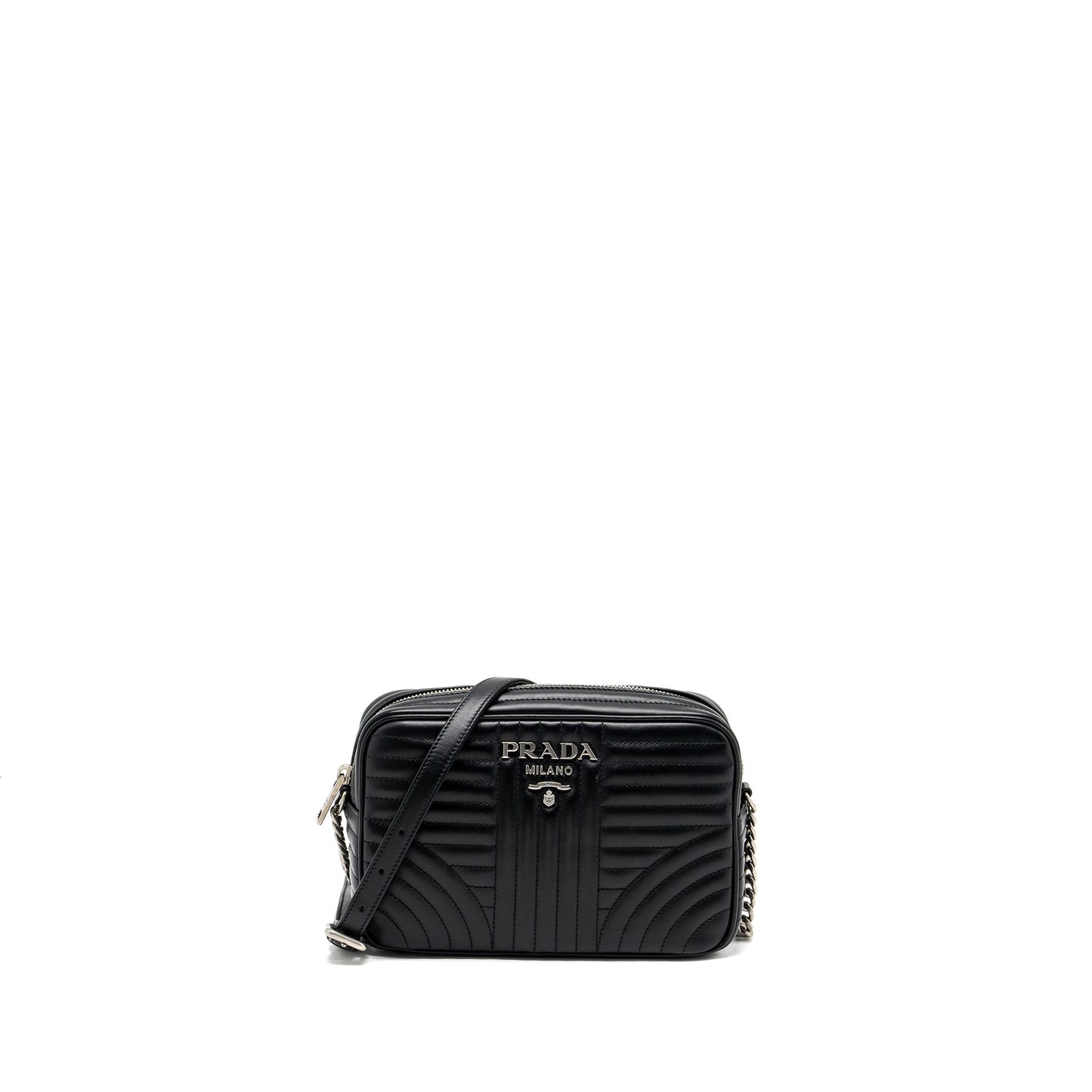 Prada Diagramme Camera Crossbody Purse Calfskin Ruthenium Hardware Black Crossbody Bag