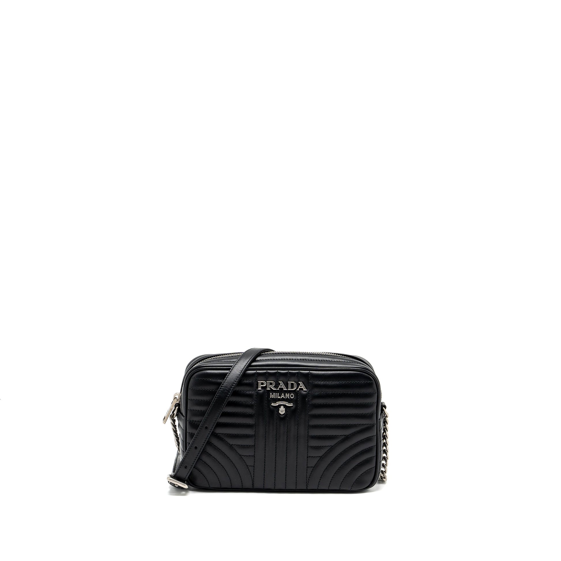 Prada Diagramme Camera Crossbody Purse Calfskin Ruthenium Hardware Black Crossbody Bag