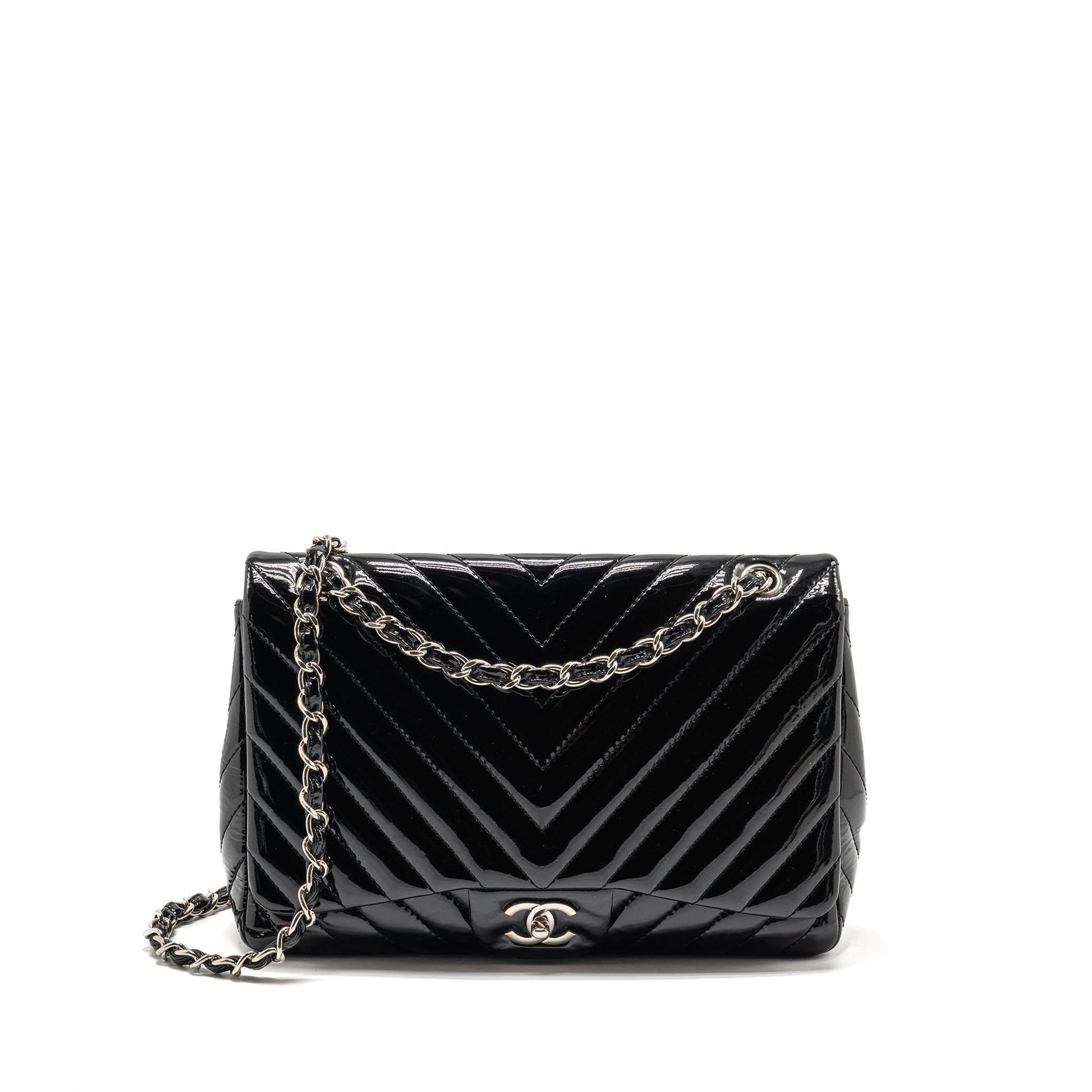 Chanel chevron jumbo single flap patent SHW Black Shoulder Bag