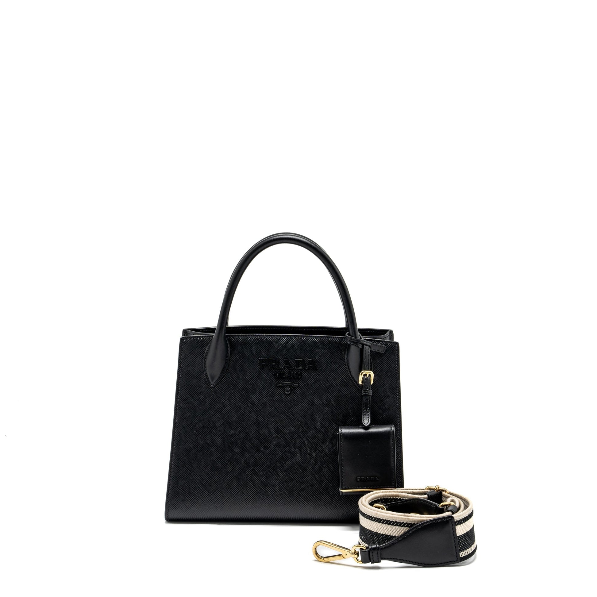Prada Monochrome Tote Purse Saffiano Calfskin Handbag Black Small Tote Bag