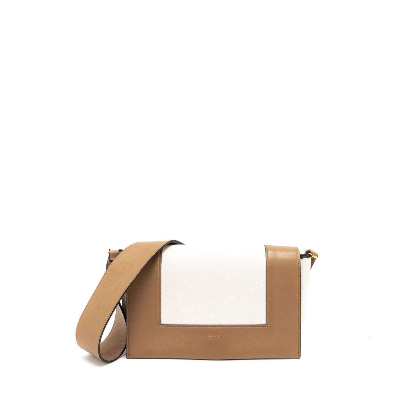 Celine Frame Purse Calfskin Brushed Handbag Brown Cream Travel Bag