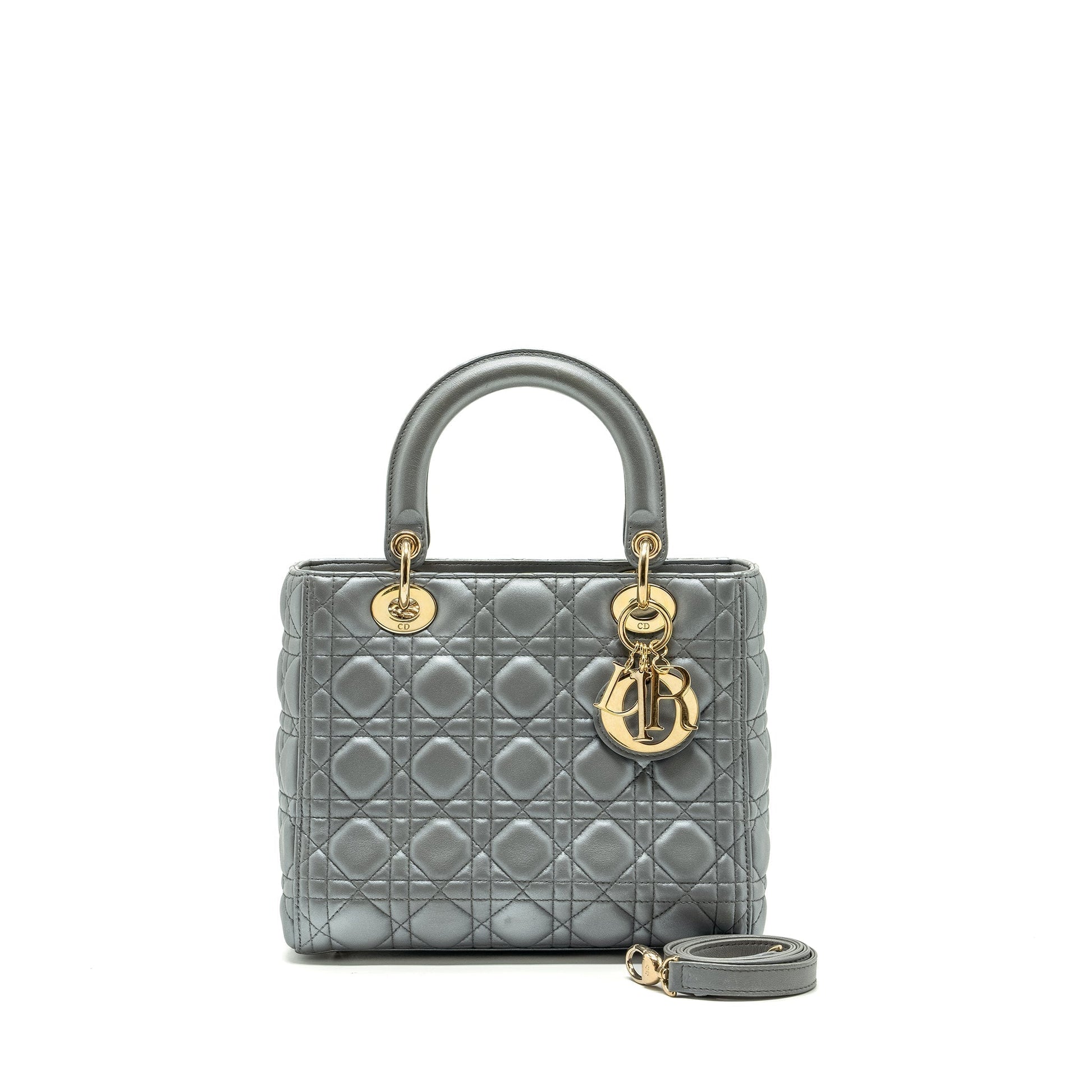 Dior Lady Lambskin Handbag Silver Medium Travel Bag
