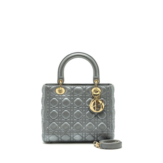 Dior Lady Lambskin Handbag Silver Medium Travel Bag