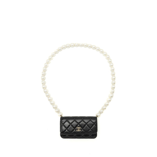 Chanel CC Logo Giant Pearl Lambskin LGHW Black Clutch Bag