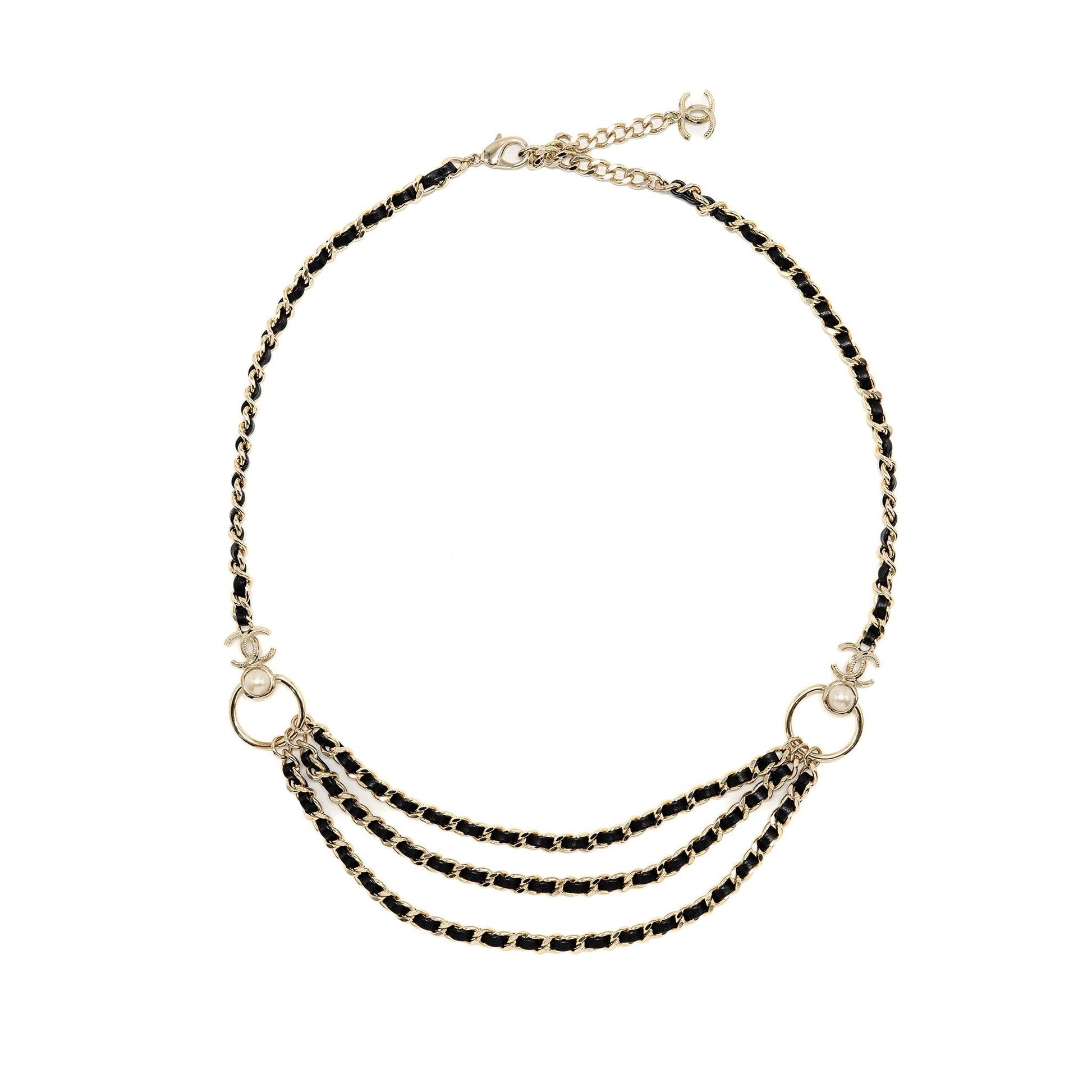 Chanel CC Pearl Waist Belt Light Tone Black Gold Leather