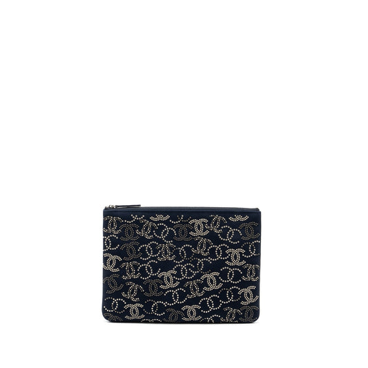 Chanel Double Side Zip Fabric Ruthenium Black Clutch Bag