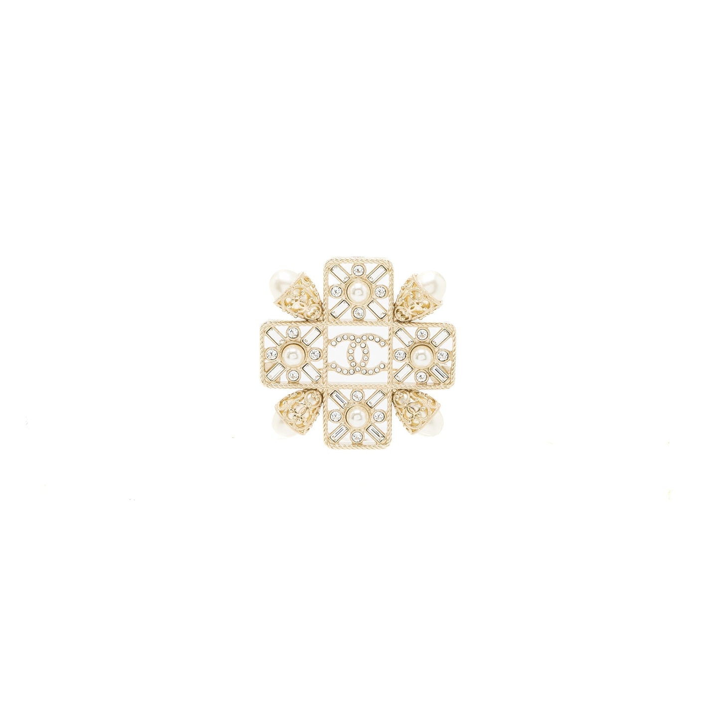 Chanel CC Logo Square Brooch Pearl Crystal Handbag