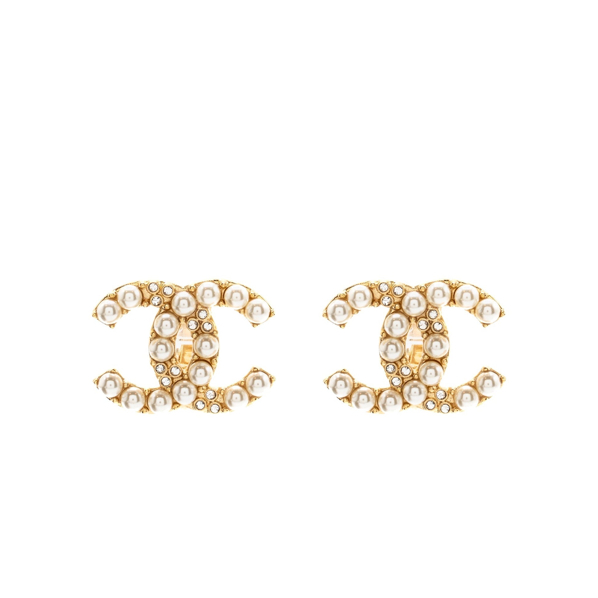Chanel Pearl&crystal cc logo ear clips tone Gold Handbag