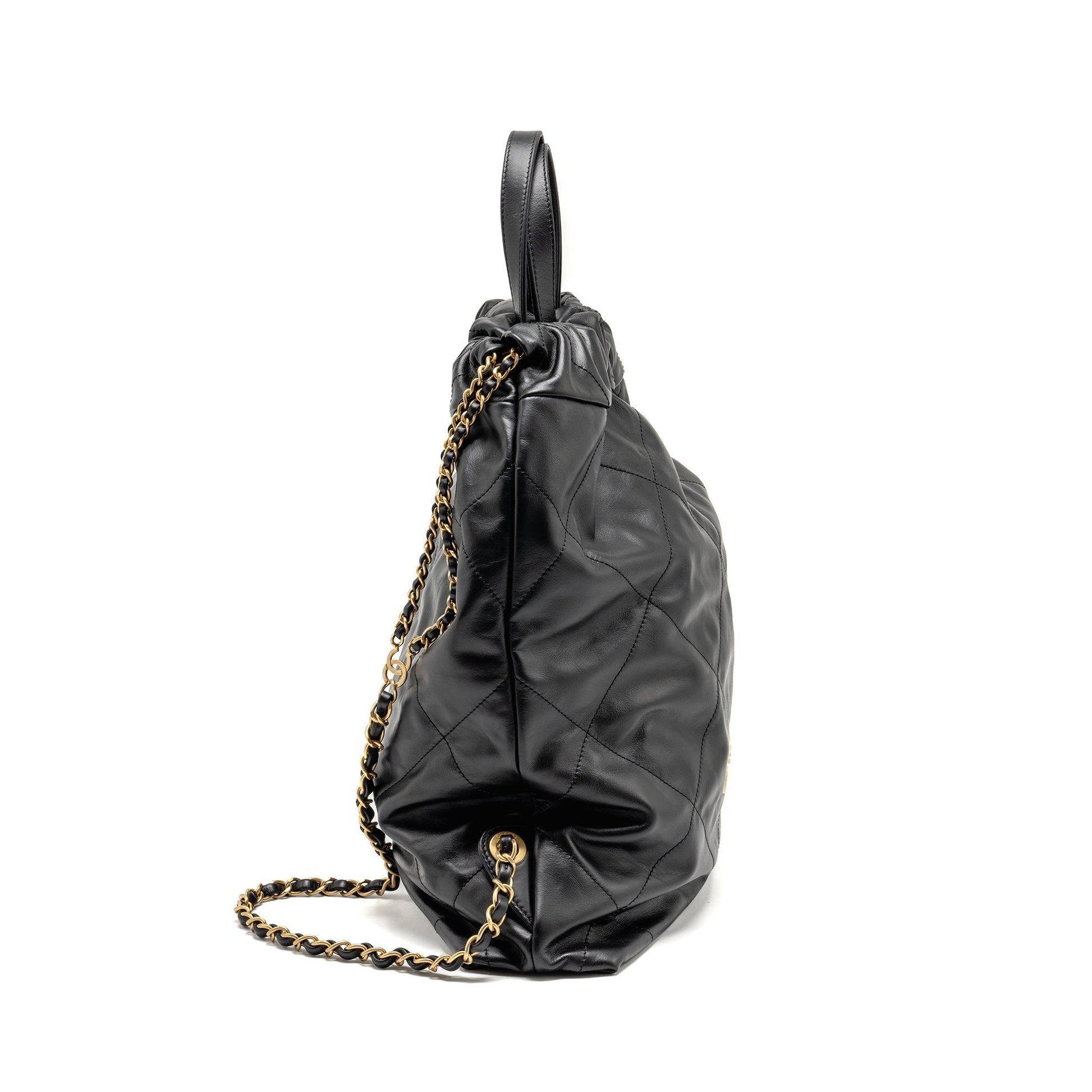Chanel 22 Backpack Letter Logo Shiny Calfskin Black White