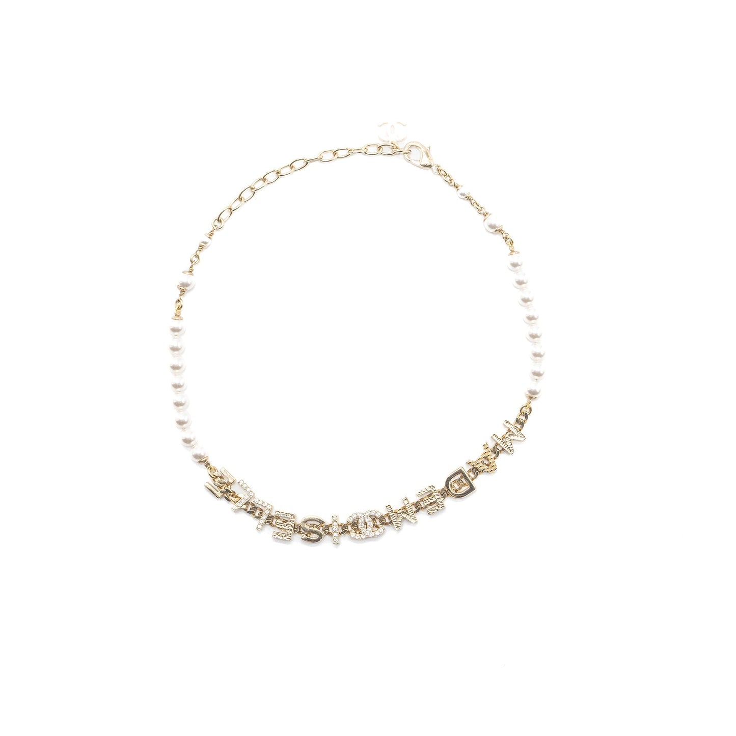 Chanel Letter Pearl Chocker Crystal Light Tone Gold Handbag
