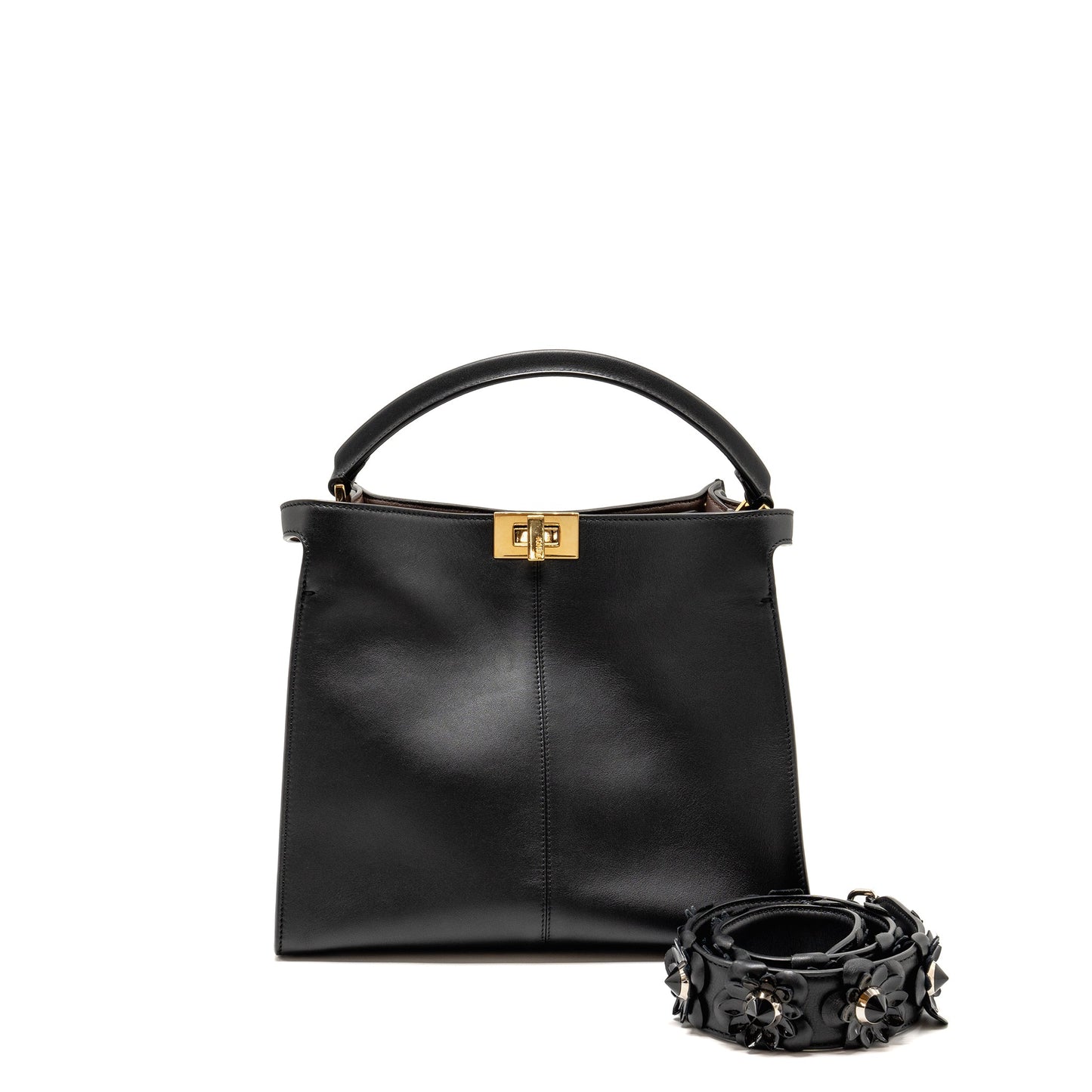 Fendi Peekaboo Lite Calfskin With Flowerland Strap Handbag Black Medium Travel Bag