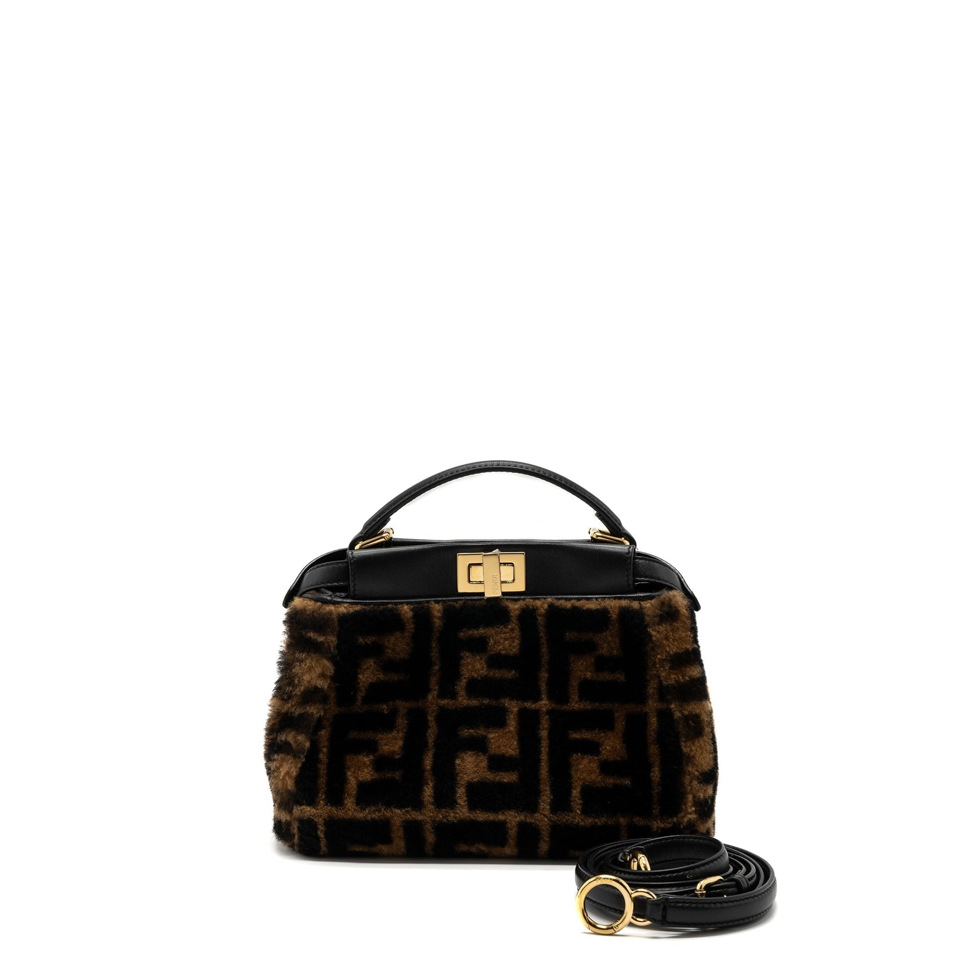 Fendi Peekaboo Shearling Handbag Black Brown Mini Travel Bag