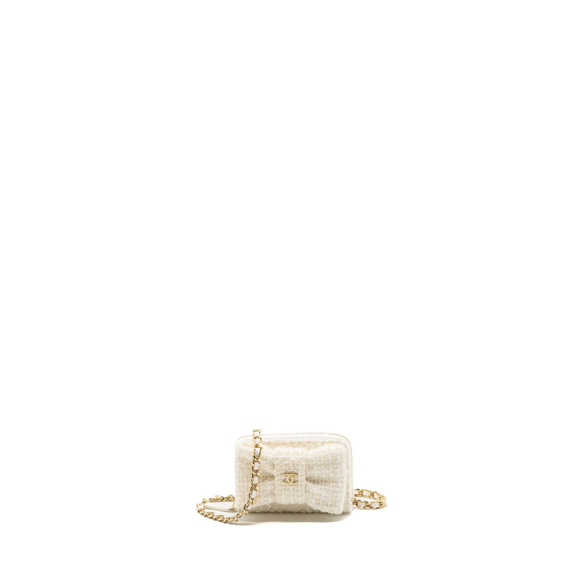 Chanel Bow Card Holder Tweed LGHW Microchip White Wallet Case