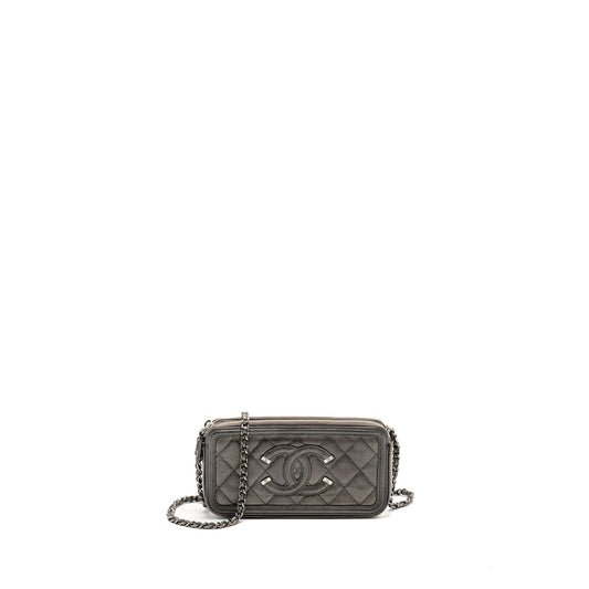 Chanel CC Filigree Double Zip Caviar SHW Grey Small Clutch Bag