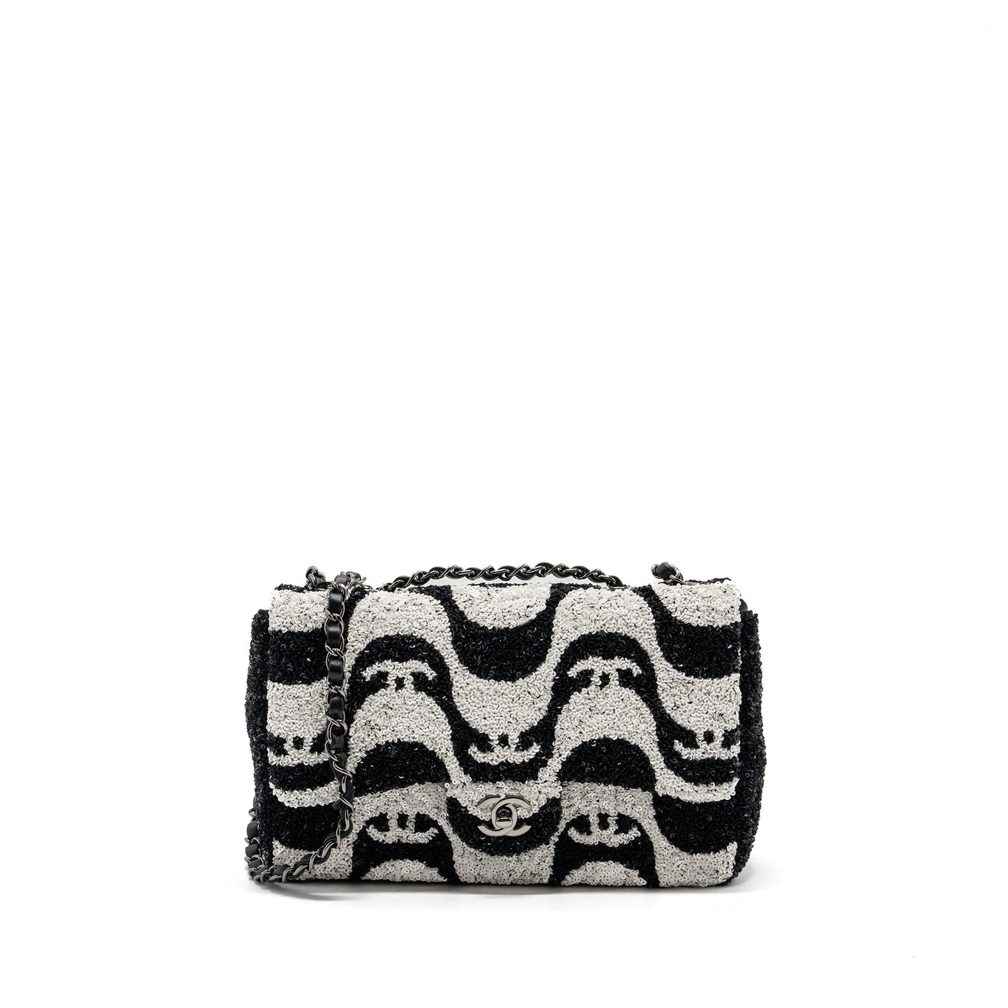 Chanel 21P Limited Edition Flap Sequins Satin Black White Shoulder Bag