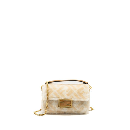 Fendi Baguette Sheepskin Handbag White Beige Mini Shoulder Bag