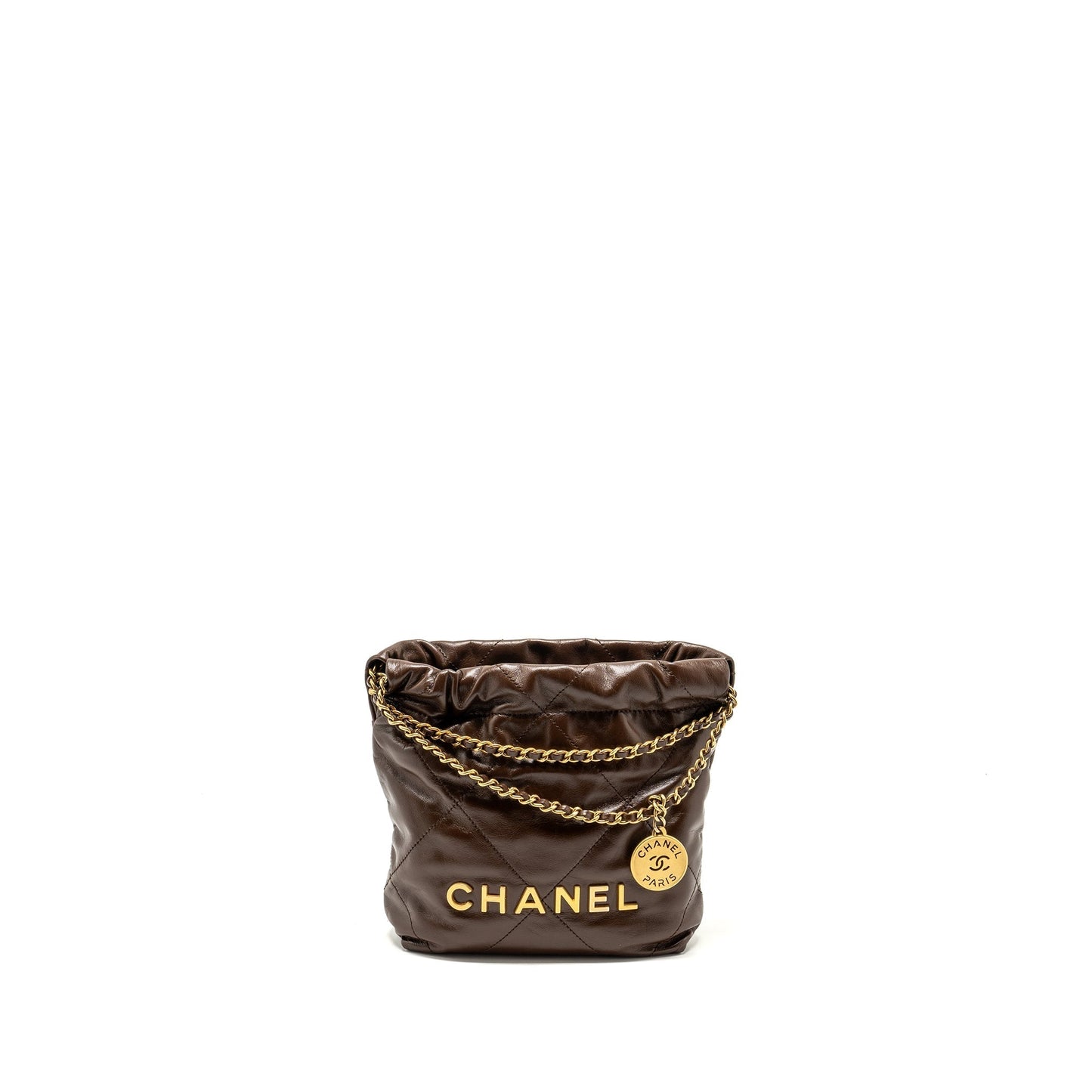 Chanel 22 Shiny Calfskin Chocolate GHW microchip Mini Bag