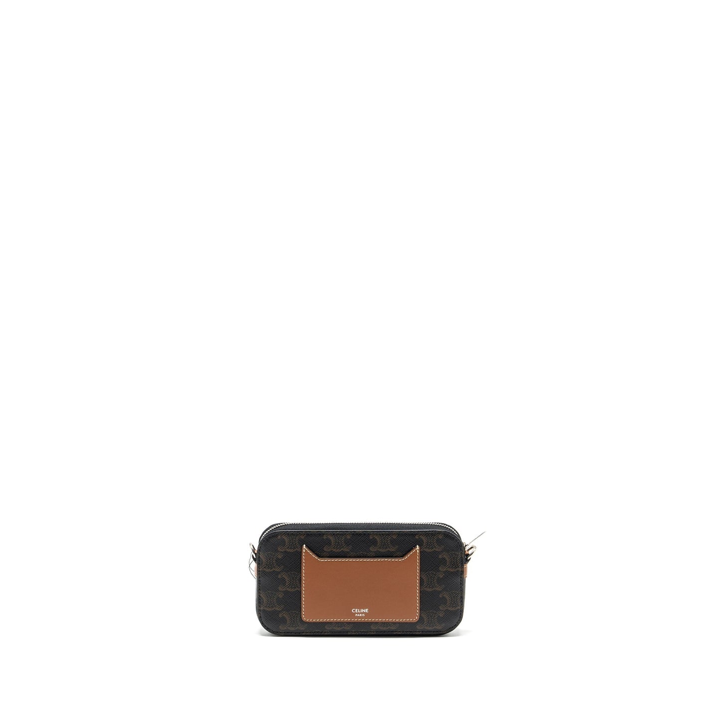 Celine Horizontal Triomphe Logo Print Pouch Coated Tan Leather Canvas Travel Bag