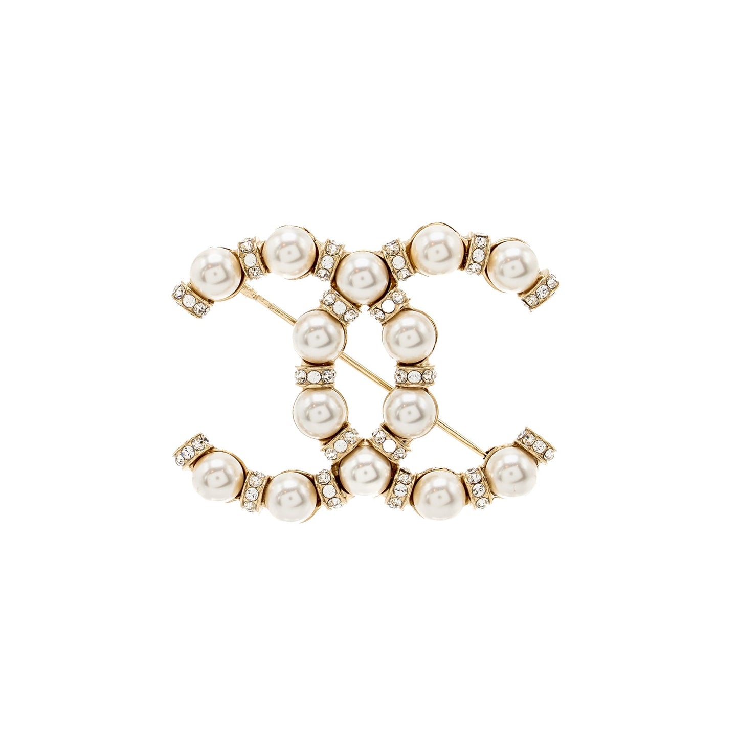 Chanel CC Brooch Pearl Crystal Light Tone Gold Handbag