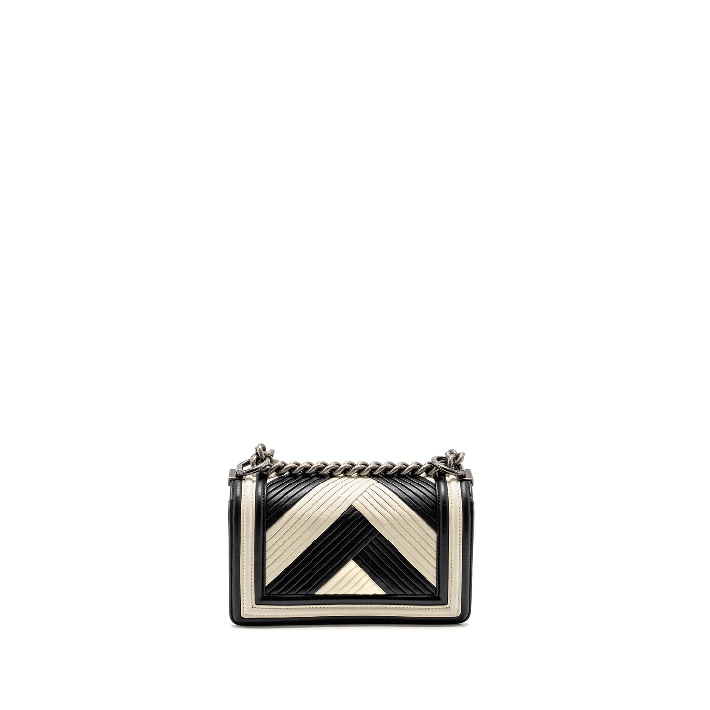 Chanel Boy Chevron Calfskin Ruthenium Hardware Black White Silver Small Handbag