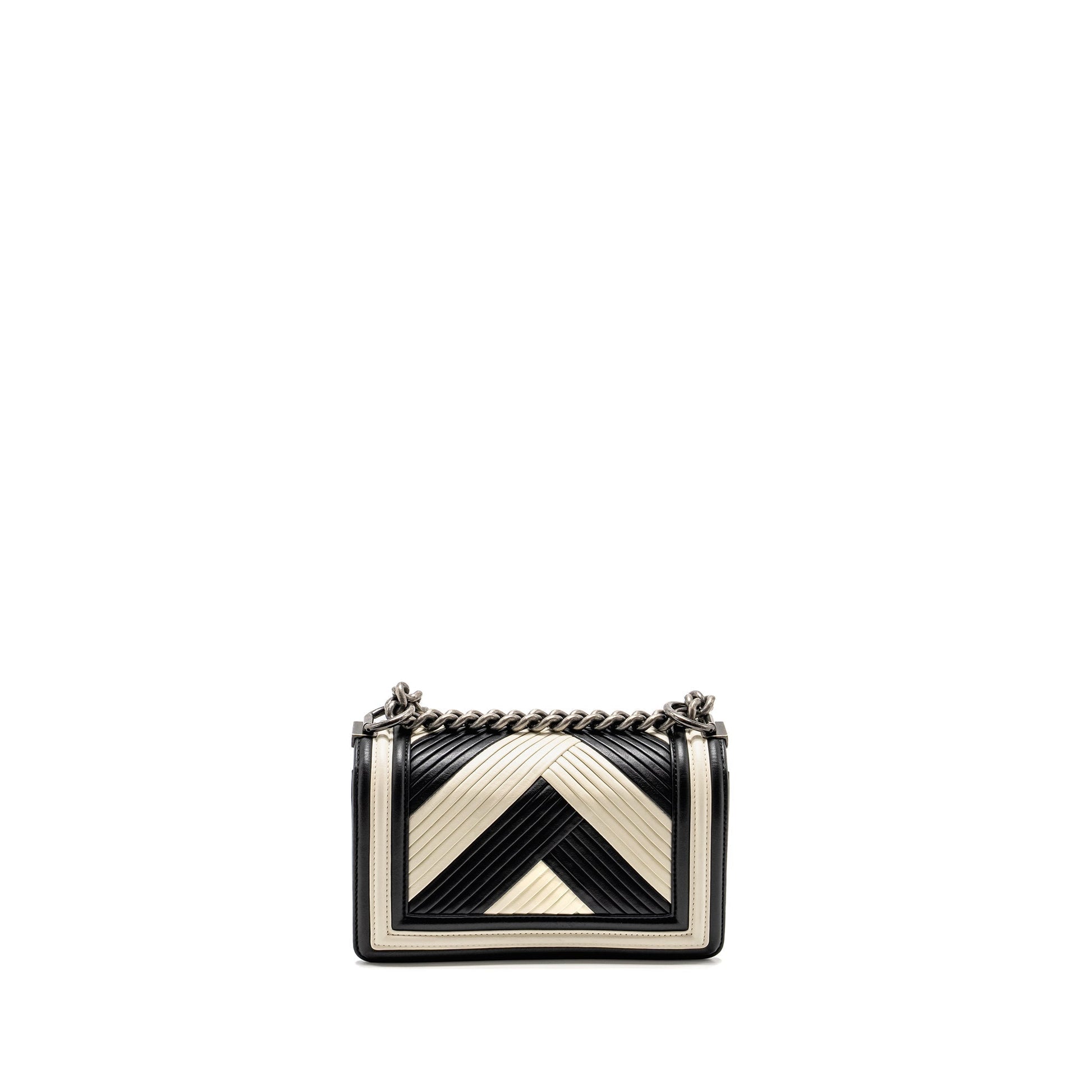 Chanel Boy Chevron Calfskin Ruthenium Hardware Black White Silver Small Handbag
