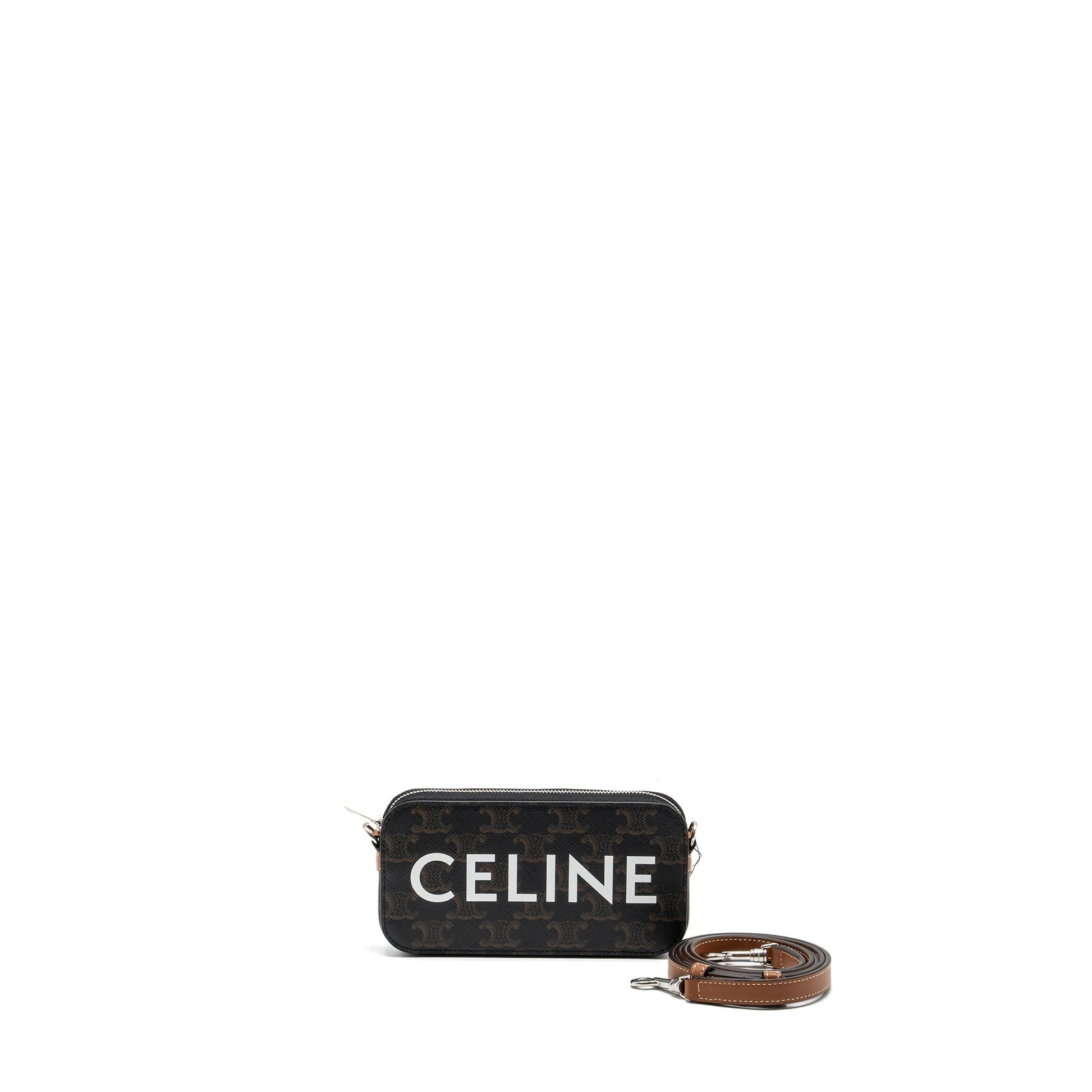 Celine Horizontal Triomphe Logo Print Pouch Coated Tan Leather Canvas Travel Bag