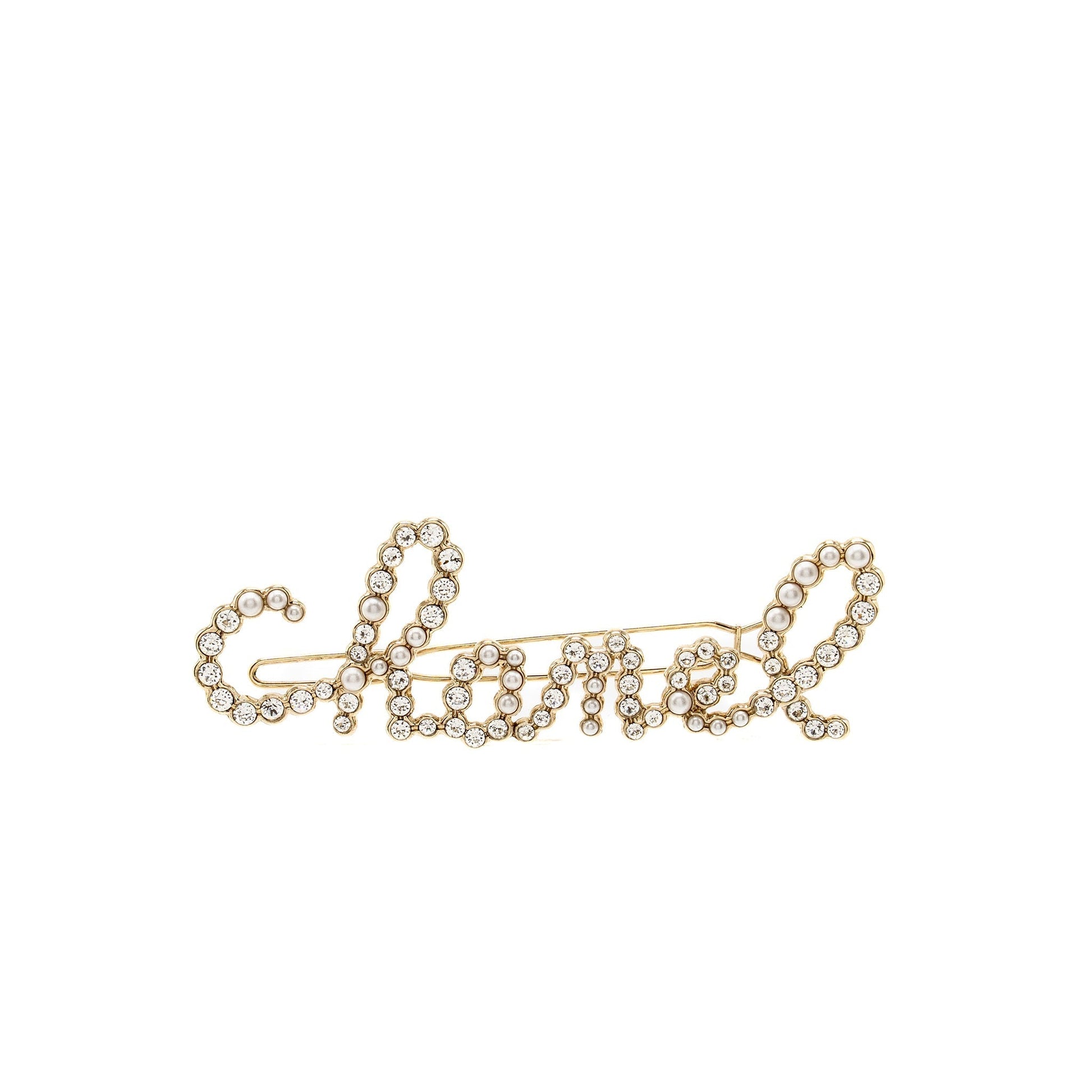 Chanel Letter Hair Clip Crystal Pearl Light Gold Handbag Gold Tone